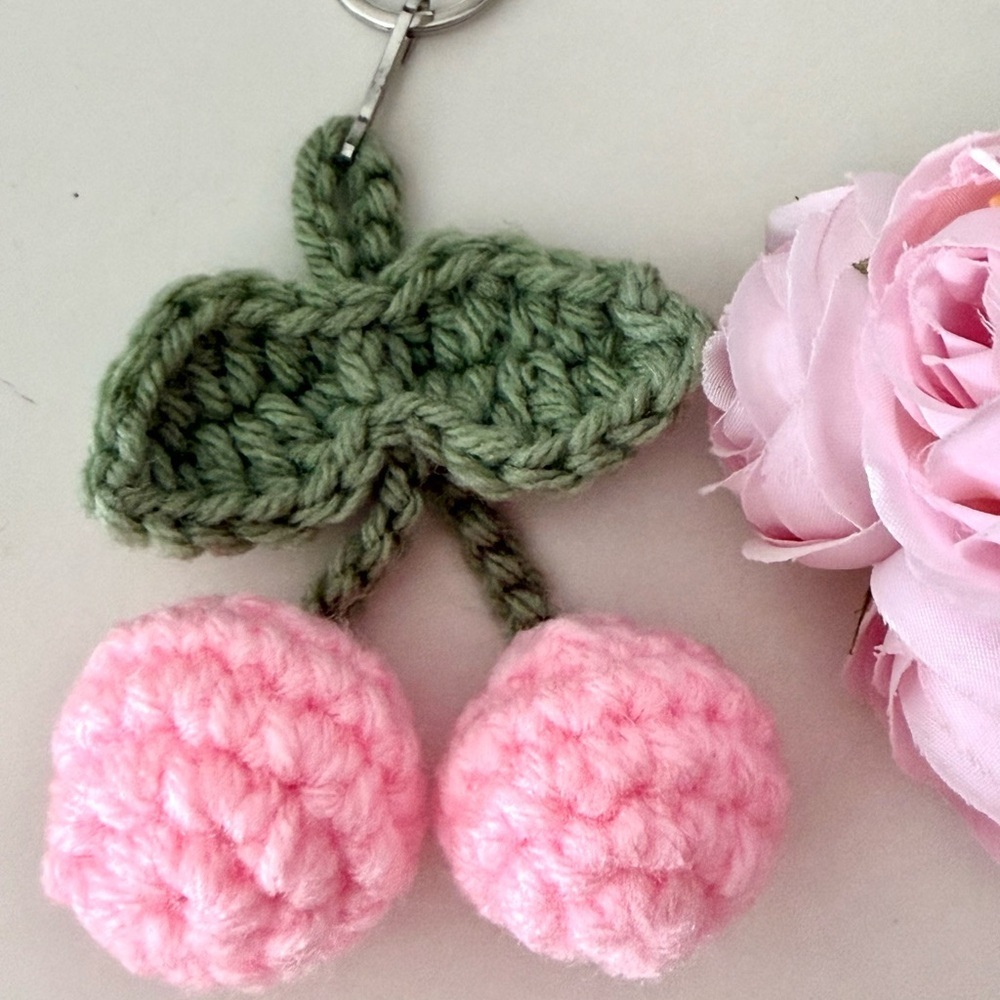 Handmade Crochet Cherry Keychain – Cute Pink Amigurumi Bag Charm - Picture 5 of 7